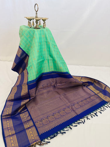 Exclusive Kanchivaram Korvai Pure Silk Pure Zari Silk Saree | Navy Blue & Light Green | Gold Zari | Handwoven | Ships from California